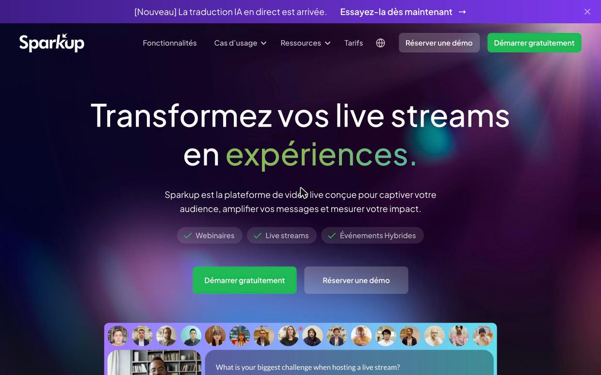 Sparkup, home page of the interactive webinar platform