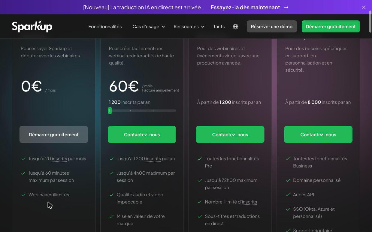 Sparkup pricing grid in October 2026