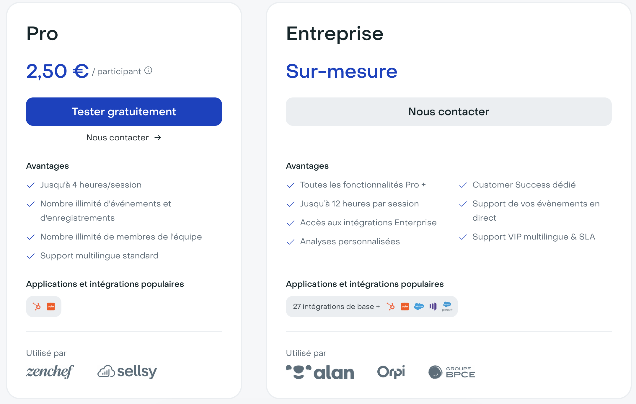 Grille tarifaire de Livestorm : plans Pro et Entreprise